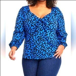 Ava & Viv BLUE BLACK Long Sleeve Sweetheart Neck Tie Front Jersey Fabric Top